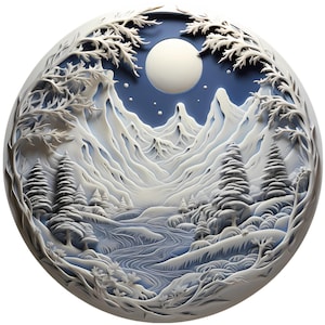 May include: A white paper cut art piece depicting a snowy mountain scene with a full moon and stars in the sky. The mountains are surrounded by trees and a river flows through the valley.