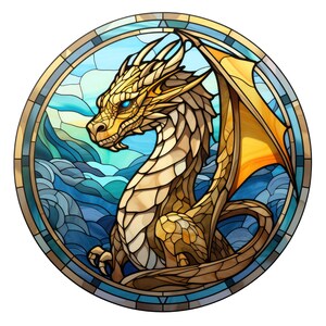 May include: A stained glass depiction of a golden dragon with blue eyes, set against a background of blue and white waves. The dragon's wings are spread out behind it.