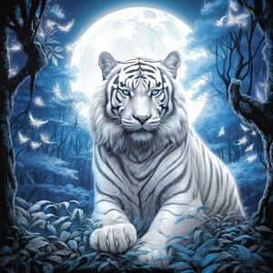 May include: A white tiger with blue eyes sits in a moonlit forest. The tiger is facing the camera with its mouth closed. The forest is dark blue and the moon is full and bright.