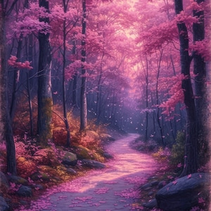 Caminho da floresta rosa roxo 6 padrão compatível com PDF download digital instantâneo ponto cruz contado 28ct impressão de gráfico de cores P&B