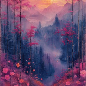 May include: A vertical digital illustration of a landscape featuring a forest with tall, slender trees and vibrant pink blossoms. A winding river flows through the center toward distant mountains under a glowing, pale orange sunset sky.