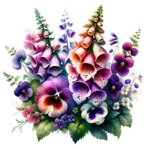 May include: A colourful floral arrangement showcasing foxgloves and pansies. The foxgloves display shades of pink, purple, and peach, while the pansies feature purple, pink, and white hues. The arrangement is set against a white background, with green leaves providing contrast.