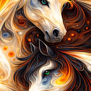 May include: An artistic digital illustration of two horse heads facing each other. One horse has a white coat and golden mane, the other a black coat and orange mane. Both have detailed eyes.