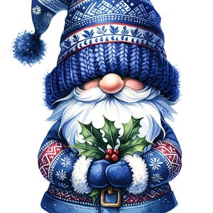 Puede incluir: Un gnomo azul con un gorro de punto con un pompón blanco y un suéter con estampado azul y rojo. El gnomo sostiene una rama de acebo con bayas rojas.