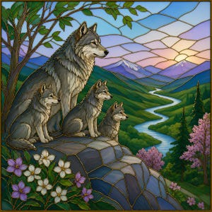 May include: A stained glass artwork depicts a wolf family overlooking a scenic landscape. The artwork features a large gray wolf with three smaller wolves, a river, mountains, and a colorful sky. Flowers and trees frame the scene.