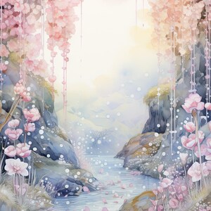 May include: A watercolor painting of a stream flowing through a lush, pink-flowered forest. The stream is surrounded by rocks and the flowers are blooming in the trees and on the ground. The water is clear and reflects the light of the sky.