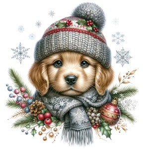 Cachorrinho de Natal em aquarela PDF download digital instantâneo padrão de ponto cruz contado compatível com 14 ct BW, impressão de cartela de cores