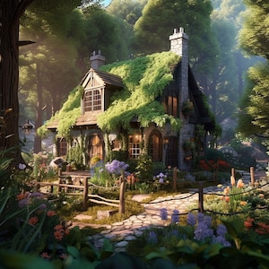 May include: A stone cottage with a moss-covered roof is nestled in a lush green forest. The cottage has a small porch with a wooden railing and a stone path leading up to it. The surrounding trees are tall and leafy, and the ground is covered in green grass and wildflowers.