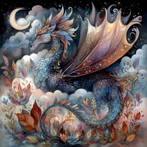 May include: A watercolour painting of a dragon with blue, purple, and orange scales, wings, and details. The dragon is surrounded by clouds, plants, and a crescent moon in a night sky. The artwork has a fantasy theme.