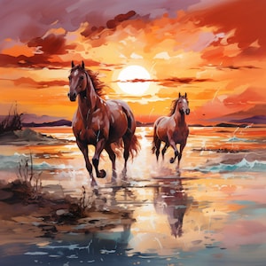 May include: Two brown horses run through a shallow body of water at sunset. The sky is a vibrant orange and pink with a large white sun in the background.