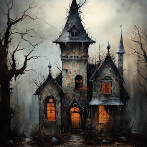 May include: A dark, gothic-style house with a pointed roof and tall windows. The house is surrounded by trees and a pond, and the windows are lit with warm, orange light.