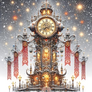 Reloj de Navidad Steampunk para plaza del pueblo, 6 patrones, compatible con PDF, descarga digital instantánea, punto de cruz contado, impresión de tabla de colores