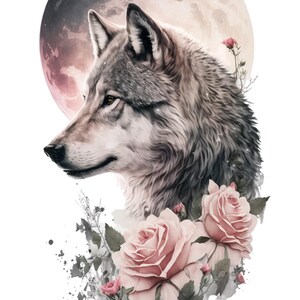 May include: A gray wolf with a pink rose and green leaves in front of a full moon. The moon is a pale pink and gray color with a white background.