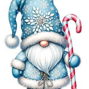 May include: A blue Christmas gnome with a white beard and a white and blue snowflake patterned hat. The gnome is holding a red and white candy cane.