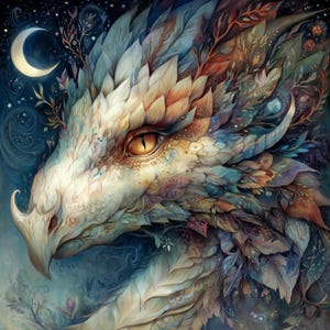 May include: An artistic depiction of a dragon's head, showcasing a palette of white, blue, orange, and brown. The dragon's eye is a vibrant orange, complemented by a crescent moon and floral details, evoking a fantasy aesthetic.