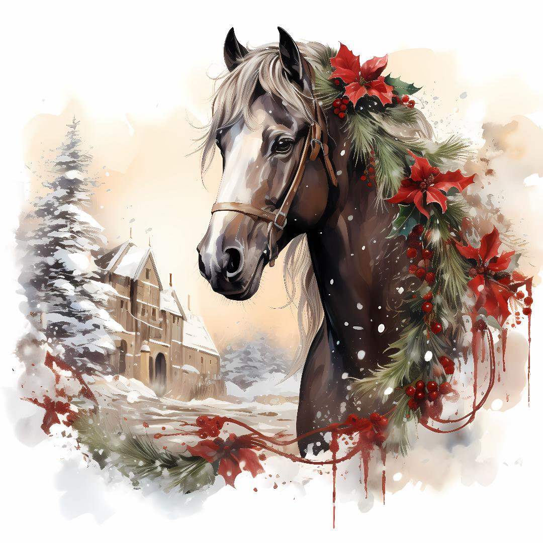 Watercolor Christmas Bay Horse Poinsettia Foliage Pattern PDF - Etsy