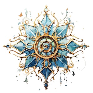 Puede incluir: Un copo de nieve decorativo azul y dorado con detalles intrincados. El copo de nieve tiene un centro circular con un diseño de engranaje y está rodeado de ocho puntos.