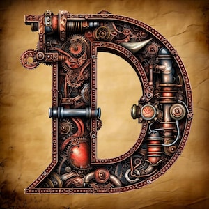 Patrón de letra D del alfabeto Steampunk, tamaño grande, compatible con PDF, descarga digital instantánea, impresión a color en blanco y negro de 18 quilates.