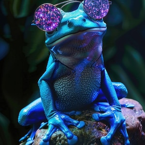 May include: A vibrant blue frog with a textured skin sits on a rock, wearing round glasses with a galaxy design. The frog's pose and the glasses create a whimsical and artistic image, perfect for art prints or unique decor.