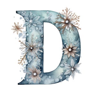 May include: A watercolour letter "D" in shades of blue and grey, decorated with snowflake and floral accents. The design has a winter theme with delicate details and a soft, artistic style, ideal for seasonal decor.