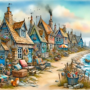 Cabañas caprichosas junto al mar, 9 patrones compatibles con el guardián PDF, descarga digital instantánea, punto de cruz contado, 18 ct, blanco y negro, impresión de carta de colores