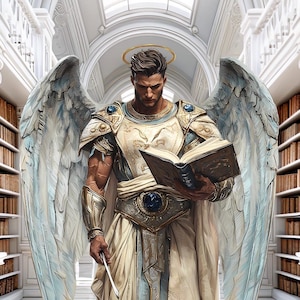 Könnte beinhalten: Eine geflügelte Gestalt in weißen Roben und goldener Rüstung liest ein Buch in einem weißen Marmorsaal. Die Gestalt hat einen Heiligenschein über dem Kopf und hält ein langes, dünnes Objekt in der linken Hand.