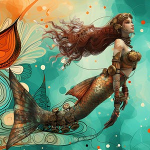 May include: A steampunk mermaid with long red hair and a copper tail fin. She is wearing a copper and gold bodice with gears and a crown. The background is a teal and orange abstract design.