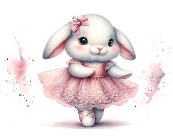 May include: A white bunny wearing a pink tutu and pink ballet shoes. The bunny has a pink bow in its hair and is standing on a white background with pink watercolor splatters.