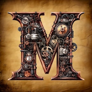 Letra do alfabeto Steampunk M tamanho grande padrão keeper compatível com PDF download digital instantâneo 18ct BW impressão colorida