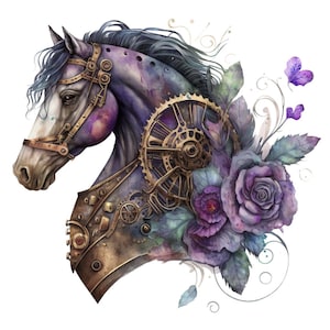 May include: A watercolor painting of a horse's head with steampunk-inspired details, including gears and metal accents. The horse is adorned with purple flowers and leaves.