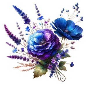 May include: A watercolour illustration of a floral arrangement. It features large, layered blue and purple flowers, lavender sprigs, and delicate blue blossoms. The bouquet includes green leaves and brown stems, set against a white background.