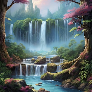 May include: A lush green forest scene with a cascading waterfall flowing over moss-covered rocks. Two large trees with pink blossoms frame the waterfall, creating a serene and magical atmosphere.