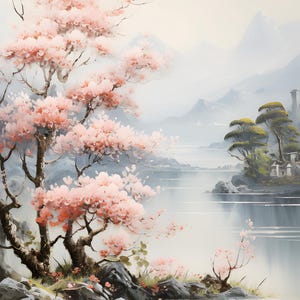 Könnte beinhalten: Ein Gemälde mit einem rosa Kirschblütenbaum im Vordergrund, im Hintergrund ein See und Berge. Der See ist hellblau und die Berge sind hellgrau. Der Himmel ist hellblau.