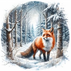 May include: Watercolor painting of a red fox in a snowy forest. The fox has a white chest and a bushy tail. The forest is filled with snow-covered trees and a path leading into the distance. Snowflakes are falling.