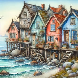 Cabañas caprichosas junto al mar 1, compatible con el administrador de patrones, descarga digital instantánea en PDF, impresiones de gráficos de punto de cruz contado BW CO