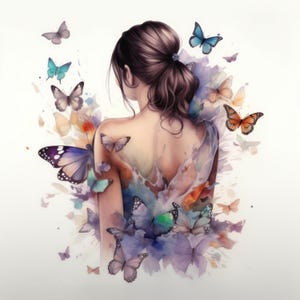 Op de afbeelding: Een aquarel schilderij van een vrouw met lang bruin haar, met haar rug naar de kijker. Ze is omringd door kleurrijke vlinders, waarvan sommige op haar schouders en rug landen. De vlinders zijn geschilderd in een realistische stijl, met ingewikkelde details.