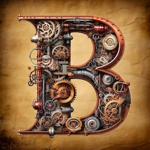 May include: A steampunk-style letter B constructed from gears, pipes, and other metal components. The letter is depicted in a realistic style, with intricate details and a worn, aged appearance.
