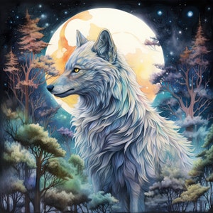 May include: A white wolf with blue and purple fur stands in a forest under a full moon. The moon is yellow and orange with a white glow. The trees are dark green and brown with a starry night sky in the background.