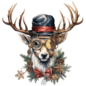 Steampunk-Weihnachtsdeer 2 Büste weißes Porträt-Muster kompatible PDF-Sofortiger digitaler Download Kreuzstich Stickmuster Vorlage