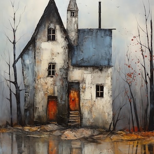 May include: A weathered, white house with a blue roof stands by a still, reflective pond. The house has a tall, narrow tower and two red doors. The trees surrounding the house are bare, with a few red leaves scattered on the ground.