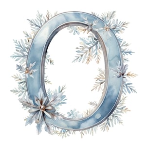 May include: A watercolour illustration of the letter O decorated with frosted blue and silver branches and berries. The letter is a light blue colour with a silver outline.