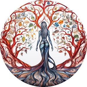 May include: Circular artwork depicting a woman's silhouette with flowing hair and a dress that merges into tree roots. The artwork is framed by vibrant red tree branches and colourful leaves against a white background.