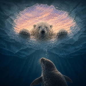 Può includere: Un orso polare che nuota in acqua blu scuro guarda attraverso un'apertura circolare nel ghiaccio verso una foca maculata sottostante. La superficie sopra l'orso riflette un cielo al tramonto dai toni rosa e arancioni nell'acqua.
