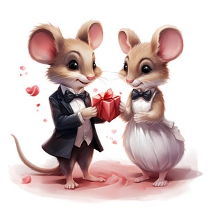 Pode incluir: Ilustração de dois ratos antropomórficos, um de smoking e outro de vestido branco, trocando uma caixa de presente vermelha. O fundo é rosa suave com corações, criando um ambiente romântico.
