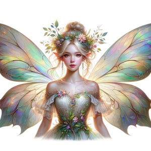 Puede incluir: Un hada con alas iridiscentes y una corona floral, vistiendo un vestido blanco con detalles florales verdes.