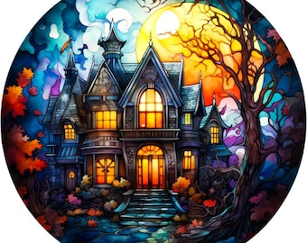 circle window stained glass haunted house pattern keeper compatible PDF instant digital download counted cross stitch color chart printout