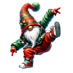 May include: A festive gnome wearing a red and green hat with a white pom-pom, a green jacket, red pants, and white sneakers. The gnome is striking a dance pose with one leg raised and the other leg bent.