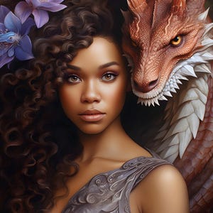 Pode incluir: Uma mulher com cabelo longo, encaracolado e castanho e uma coroa de flores roxas está de pé ao lado de um grande dragão laranja. O dragão tem uma barriga branca e olhos amarelos. A mulher está vestindo um vestido prateado com padrão.