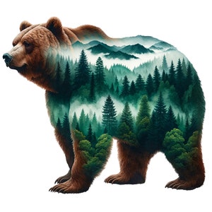 May include: A brown bear with a forest scene inside its body. The forest is filled with green trees and fog. The bear is standing on a white background.