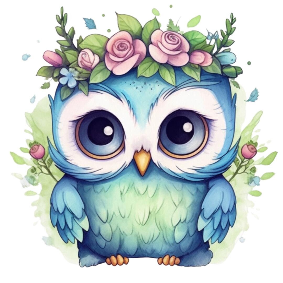 Pastel blue baby owl flower crown counted cross stitch pattern keeper compatible PDF instant digital download fantasy BW color printout